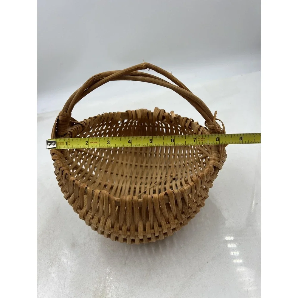 VTG Hand Woven Wicker Buttocks Basket Natural Wood Split Reed God's Eye Handle